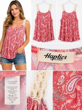 Haptics Size 3X Coral Paisley Crochet Strap Tank Top